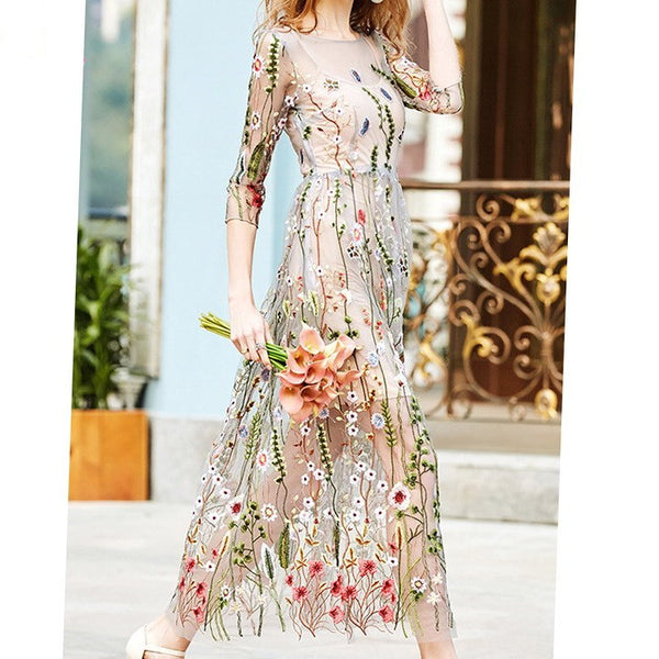 Women’s Elegant Floral 2-Piece Mesh Dress Set – Boho Party Maxi Dress Fashion