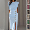 Women’s Sleeveless Split Midi Dress with Buttons – Casual Summer Fashion