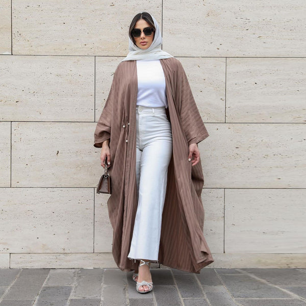 Modern Turkish Striped Long Abaya Cardigan – Elegant Muslimah Casual Wear