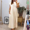 Women’s Pleated Maxi Dress – Short Sleeve Summer Round Neck Casual Fashion